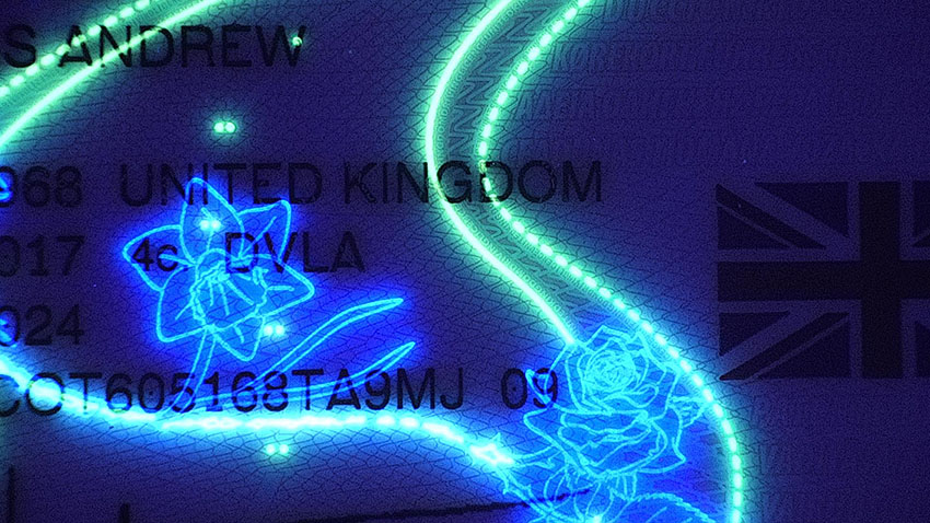 British Driving License fluorescing to reveal security features. British Driving License fluorescing to reveal security features.